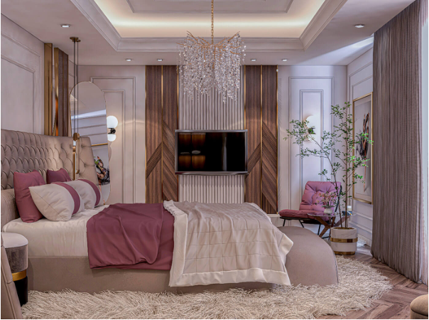 Hệ thống đèn trang trí kết hợp cùng cây xanh, thảm trải sàn giúp không gian phòng ngủ trở nên ấn tượng hơn
