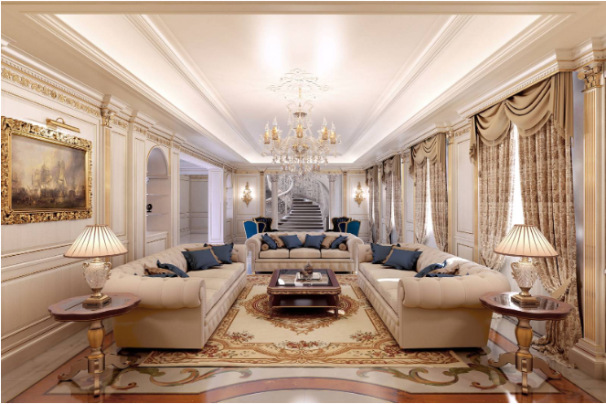 Thiết kế phòng khách “ghi điểm” bởi hệ thống đèn trang trí sang trọng, bộ sofa kích thước lớn giúp tổng thể căn phòng nổi bật hơn